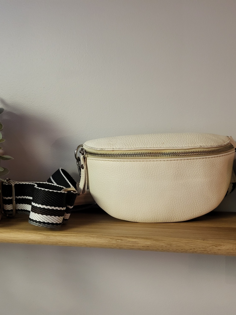 Cream Leather Crossbody Belt Bag with Black-White Strap